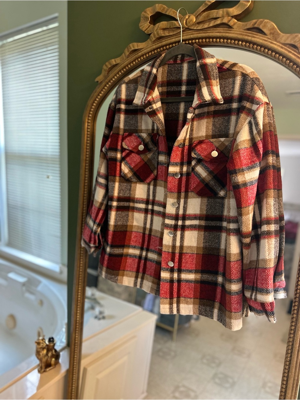 Plaid Button-Front Shacket Jacket - Red Multi